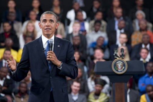 US President Barack Obama answers a question during a town hall meeting at the University of Johannesburg Soweto in Johannesburg, South Africa, on June 29, 2013. 