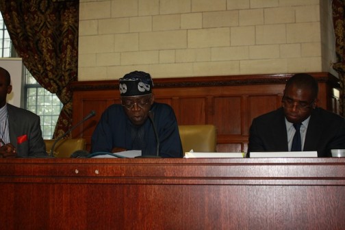 Tinubu speaks at the House of Commons conference room. On his left is MP David Lammy