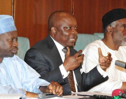 GOVS. IBRAHIM DANKWAMBO OF GOMBE; EMMANUEL UDUAGHAN OF  DELTA, AND MURTALA NYAKO OF ADAMAWA, BRIEFING STATE HOUSE  CORRESPONDENTS AFTER THE NATIONAL ECONOMIC COUNCIL MEETING IN  ABUJA ON THURSDAY