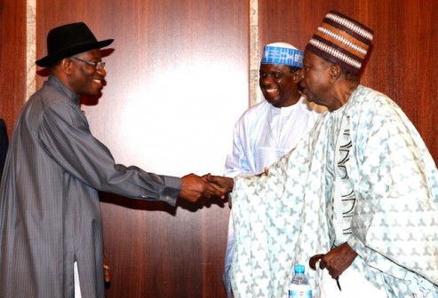 Goodluck Jonathan receives  Solomon Lar and Jerry Gana