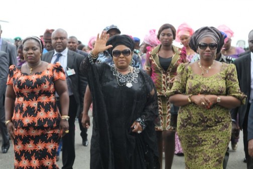 File photo:  Mrs Patience Jonathan in Port Harcourt  on 27 July after her foster mum died. Right is Mrs Amaechi and left, Mrs Dickson