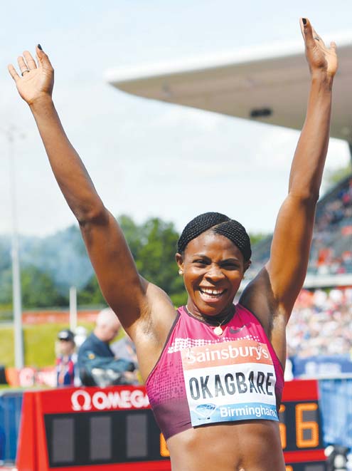 Okagbare… Waving to the crowd after her race in London at the weekend.  Photo… AFP