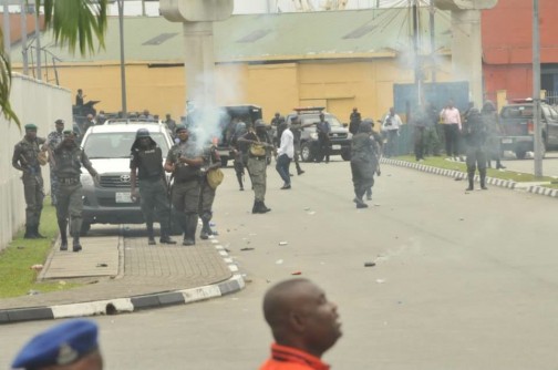 Nigerian soldiers parading the premises of Rivers State House of Assembly
