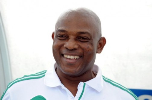 Nigerian Coach Stephen Keshi celebrates his team's goal scored by attacker Mohammad Gambo against Ivory Coast during the 2014 African Nations Championship (CHAN) qualification football match