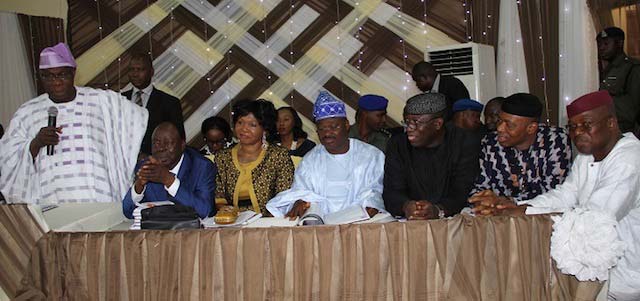 from left, chief Olusegun  Obasanjo, Aare Afe Babalola and his wife, Senator Abiola Ajimobi, Dr. Kayode  Fayemi, Segun Mimiko and Segun Oni