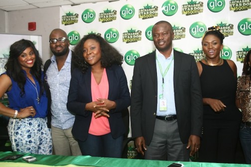 Globacom’s National Sales Coordinator (Channels), Mr. Kemi Kaka (middle) and Glo ambassadors Chee, Desmond Elliot, Omawumi and Waje at the media briefing to launch the company’s 10th anniversary N500milion consumer reward promo, Glo “Recharge to Stardom” which offers a grand prize of N25million and other cash prizes to over 25,000 lucky Glo subscribers. 
