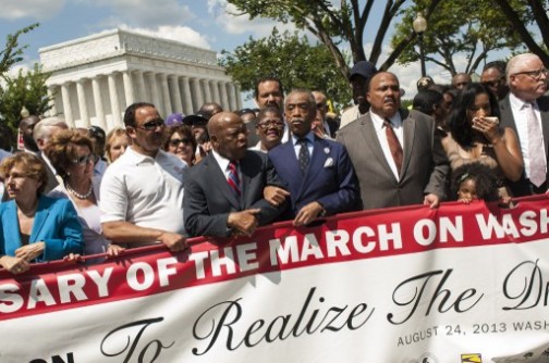 Rep. John Lewis (D-GA), Rev. Al Sharpton and Martin Luther King III join other politicians and activists to celebrate the 50th anniversary of the March on Washington and Dr. Martin Luther King, Jr.'s 'I have a Dream' speech on the National Mall on August 24, 2013 in Washington, DC