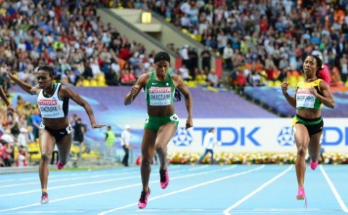  Ivory Coast's Murielle Ahoure, Nigeria's Blessing Okagbare and Jamaica's Shelly-Ann Fraser-Pryce compete during the women's 200 metres final at the 2013 IAAF World Championships at the Luzhniki stadium in Moscow on August 16, 