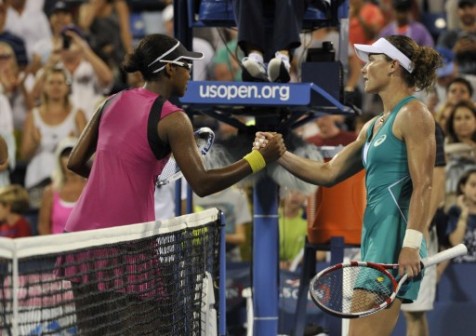 Victoria Duval greets Samantha Stosur after the match Tuesday night