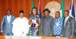 Uduaghan, far right at Aso Rock when Okagbare went for presidential handshake in Abuja