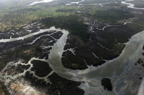 aerial view of creeks and vegetation devastated by oil spills