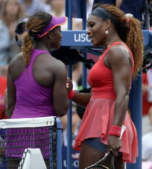 Serena Williams of the US shakes hands with compatriot Sloane Stephens after a 2013 US Open women's singles fourth round match at the USTA Billie Jean King National Tennis Center in New York on September 1, 2013.