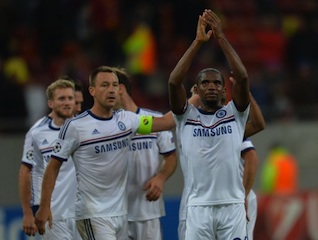 Chelsea players celebrate in Bucharest