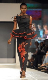 A model presents a creation by Valerie David 