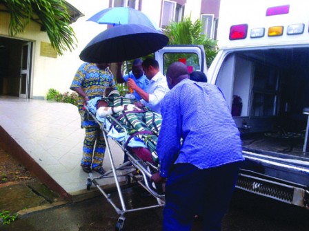 Feyi Agagu being moved from Emergency ward to another ward in LASUTH, this morning. Photo: Simon Ateba