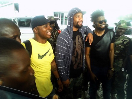 Basketmouth (l) with international comedians, Deeray Davis and Tony Roberts on arrival yesterday at the Murtala Muhammed International Airport, Lagos, for the  Globacom-sponsored greatest comedy show, LaftaFest.