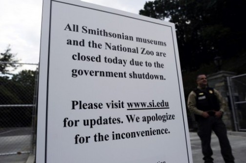 A closure sign posted at the parking entrance of the National Zoo in Washington, DC, 
