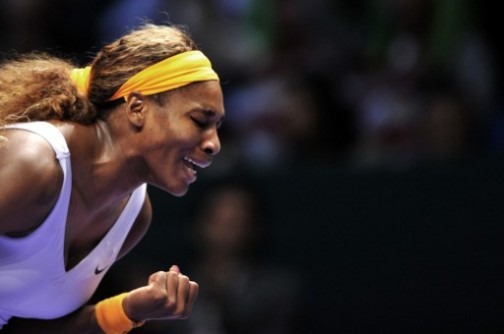 Serena Williams reacts after winning a point against Jelena Jankovic