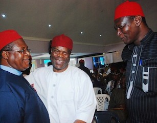 FORMER GOVERNOR OF OLD ANAMBRA STATE, CHIEF OKWESILIEZE NWODO, PRESIDENT, WAWA PEOPLES CONGRESS, CHIEF EMEKA ANI AND SECRETARY GENERAL, CHIEF YAHAYA NDU, DURING A PRESENTATION TO THE NATIONAL DIALOGUE ADVISORY COMMITTEE IN ENUGU ON WEDNESDAY (30/10/13