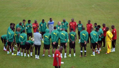 cameroonian players at a training session in Yaounde before the big match