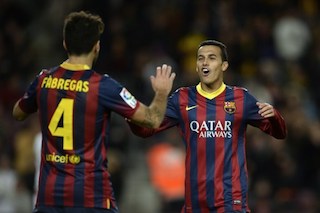 Fabregas and Pedro celebrate. AFP