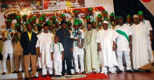 President Jonathan, VP Sambo, Senate President David Mark at a reception for the Golden Eaglets in Abuja Sunday