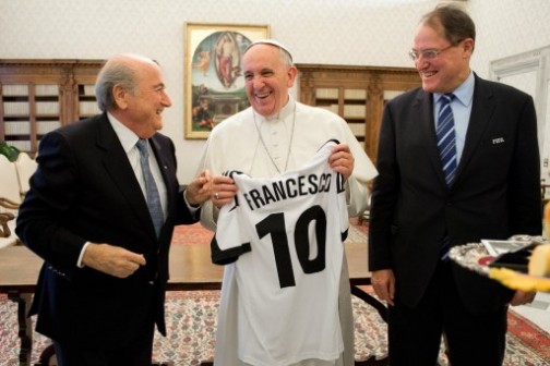  FIFA president, Sepp Blatter, presents jersey No 10 to Pope Francis
