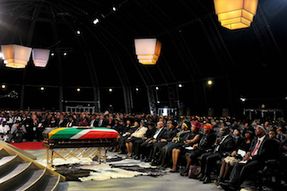 The coffin of South African former president Nelson Mandela is seen during his funeral ceremony in Qunu on December 15, 2013