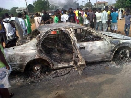 The toyota camry car burnt by angry youths