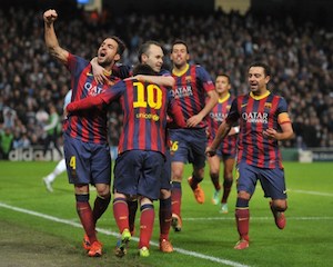 Fabregas, other team mates celebrate with Messi