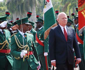 Ambassador Entwistle when he inspected a guard of honour in Abuja: Now he is speaking a Nigerian lingua franca