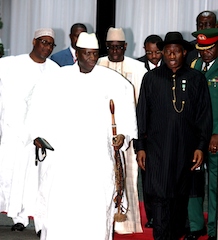 Yahya jammeh of Gambia and Jonathan. behind jammeh is PDP chairman, Adamu Muazu
