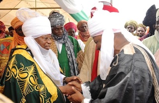 Vice President Mohammed Namadi Sambo with the Emir of Zazzau, Alh.(Dr) Shehu Idris, during the turbaning ceremony of Kaduna state Governor Alh. Mukhtar Ramalan Yero as the Dallatun Zazzau at the Emir's palace in Zaira on Saturday 19/04/14
