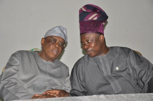 Ogun State Governor, Senator Ibikunle Amosun (right) with former Governor of Ogun State, Chief Olusegun Osoba at the All Progressives Congress (APC), Ogun State Chapter Stakeholders Meeting held in Abeokuta yesterday.