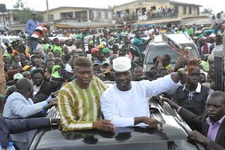 Ondo State Governor, Dr Olusegun Mimiko and the Labour Party Governorship candidate in Ekiti State, Michael Opeyemi Bamidele, acknowledging cheers from the crowd at the Labour Party Mega Rally, in Ado-Ekiti, on Tuesday 29 April