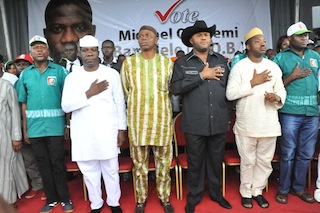 L-R: Chief of Staff to Ondo State Governor, Dr Kola Ademujimi, Labour Party Governorship candidate in Ekiti State, Michael Opeyemi Bamidele, Governor Olusegun Mimiko, National Chairman of Labour Party, Barr Dan Nwayanwu, Secretary of Afenifere, Yinka Odumakin and the Deputy Speaker of Ondo State House of Assembly, Hon Dare Emiola, at the Labour Party Mega Rally, in Ado-Ekiti, on Tuesday 29 April