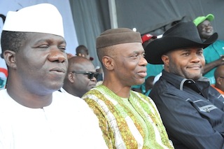 L-R: Labour Party Governorship candidate in Ekiti State, Michael Opeyemi Bamidele, Ondo State Governor, Dr Olusegun Mimiko and the National Chairman of Labour Party, Barr Dan Nwayanwu, at the Labour Party Mega Rally, in Ado-Ekiti, on Tuesday 29 April