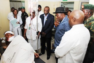 President Jonathan consoling the injured