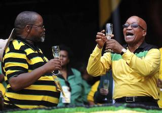 Zuma, right and Gwede mantashe, ANC secretary toasting to ANC victory