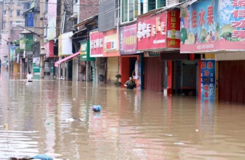 A street flooded in Liling, Central China