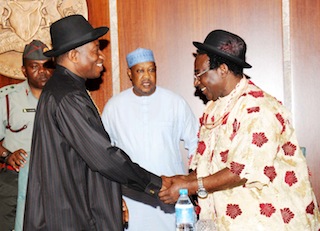 PRESIDENT GOODLUCK JONATHAN IN A HANDSHAKE WITH THE LEADER OF OIL AND GAS PRODUCING COMMUNITIES IN NIGERIA, CHIEF WELLINGTON OKIRIKA DURING THEIR VISIT TO THE PRESIDENIAL VILLA ABUJA ON THURSDAY 15 MAY 2014