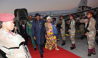 L-R: President Goodluck Jonathan and his wife Patience arrive Pretoria, South Africa