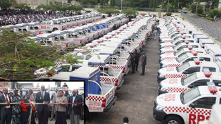 A cross section of 100 patrol vehicles,150 motorcycles and 5 mobile cells during the handing over ceremony to the Police Authorities in Lagos State at the Lagos House, Ikeja, on Monday, May 5, 2014. INSET: Lagos State Governor, Mr. Babatunde Fashola SAN (middle) cutting the ribbon to officially hand over the vehicles. With him are: His Deputy, Hon. (Mrs.) Adejoke Orelope-Adefulire (2nd right), Secretary to the State Government, Dr (Mrs.) Oluranti Adebule (3rd left), Executive Secretary, Lagos State Security Trust Fund (LSSTF), Mr. Fola Arthur-Worrey (left), representative of the Inspector General of Police and AIG Zone 2, Mammam Ibrahim Tsafe (2nd left) and Chairman, Lagos State Security Trust Fund, Mr. Remi Makunjuola (right).