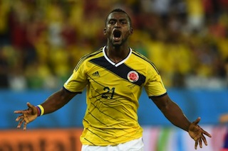 Colombia's forward Jackson Martinez celebrates after socring his second goal