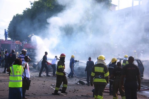 Fire service men  on duty at the bomb blast area