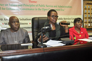 •L-R: The Permanent Secretary, Public Service Office, Mr. Olalekan Akodu; Lagos State Head of Service, Mrs. Oluseyi Williams and the Permanent Secretary, Ministry of Information and Strategy, Mrs. Oluranti Odutola during the Press Conference on the 2014 Public Service Week Celebration
