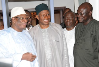 PRESIDENT MUHAMMADOU KEITA OF MALI; PRESIDENT GOODLUCK JONATHAN AND SPECIAL ADVISER TO THE PRESIDENT ON MEDIA AND PUBLICITY, DR REUBEN ABATI DURING THE VISIT OF THE MALIAN PRESIDENT TO THE PRESIDENTIAL VILLA ABUJA ON SATURDAY 31 May 2014