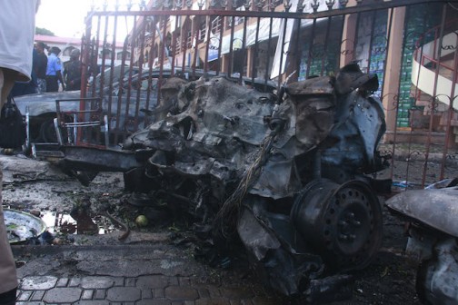 remains of the car which bore the the bomb that exploded at the mall: Photo femi Ipaye