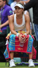 Eugenie Bouchard rests after losing the first set