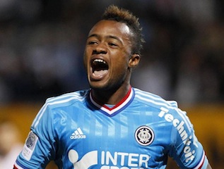 Olympique Marseille’s Jordan Ayew celebrates his goal against AS Nancy during French Ligue 1 soccer match in Nancy